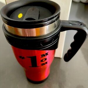 NIB - #1 MOM INSULATED TRAVEL MUG!! Push on lid. Splash slide. Red/Black/Silver.